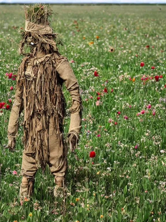 Image similar to human-like scarecrow wearing torn military clothes in beautiful meadow of flowers, ww1 photo, grainy, high detail, high resolution,