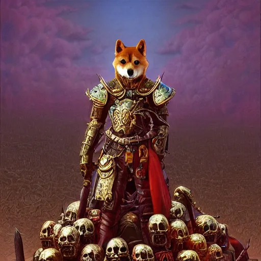 Image similar to anthropomorphic shiba inu, wearing gold armor, standing on pile of skulls, graveyard of skulls, fantasy 3 d render, masterpiece, glowing red light aura, by donato giancola and greg rutkowski and wayne barlow and zdzisław beksinski, realistic face