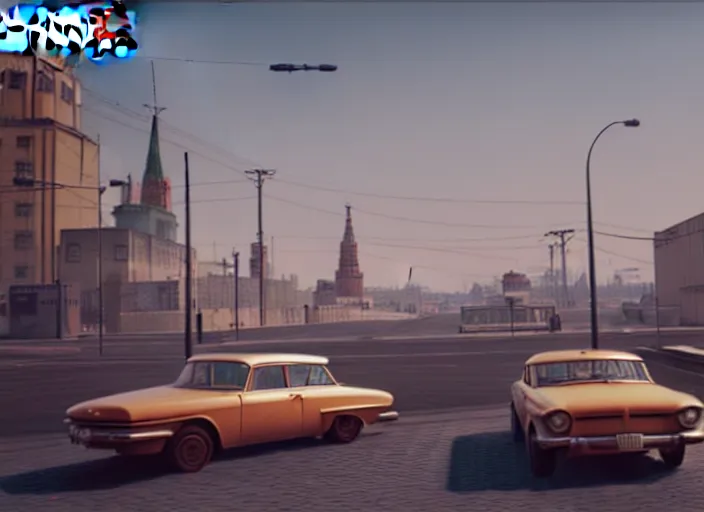 Image similar to hyperrealistic matte painting of gta moscow, 1 9 6 0, playstation 5 screenshot, mega details, golden hour, beautiful rtx reflections, soviet suburbs, photorealistic, unreal engine 5, octane render, volumetric light, featured on cg society, 4 k, 5 0 mm bokeh, kodachrome, russian lada car, artstation