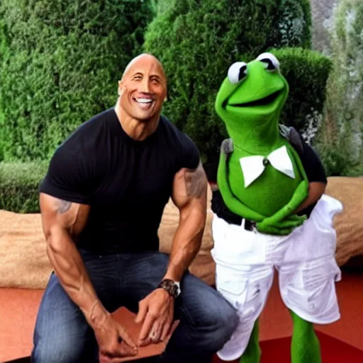 Image similar to a date romantic between dwayne johnson and kermit the frog