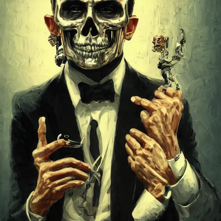 Image similar to portrait of james bond as a skull in a suit. intricate abstract. intricate artwork. nightmare fuel. by Tooth Wu, wlop, beeple, dan mumford. octane render, trending on artstation, greg rutkowski very coherent symmetrical artwork. cinematic, hyper realism, high detail, octane render, 8k, iridescent accents