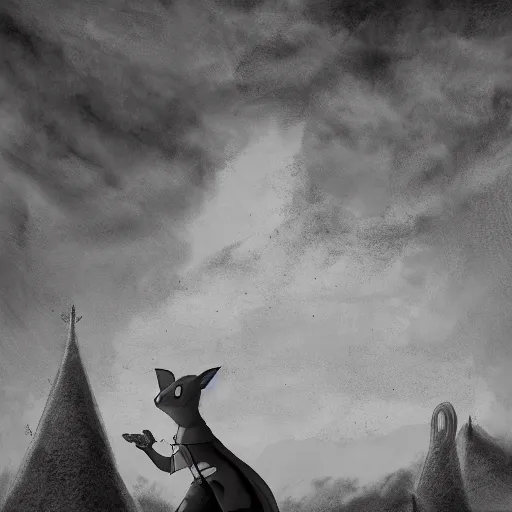 Prompt: a black and white matte painting of an anthropomorphic rat dressed in medieval clothing, renaissance, studio Ghibli, open landscape, plants