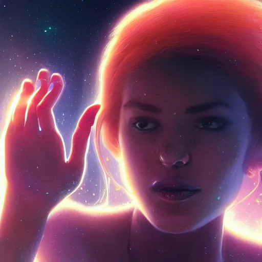 Image similar to a beautiful, powerful woman sitting in space, reaching her hand out toward the camera, emanating magic from her palms, extreme closeup, cgsociety contest winner, illustrated by mike beeple winklemann, greg rutkowski, and gaston bussiere, space art, portrait art, artstation, 4 k, 8 k