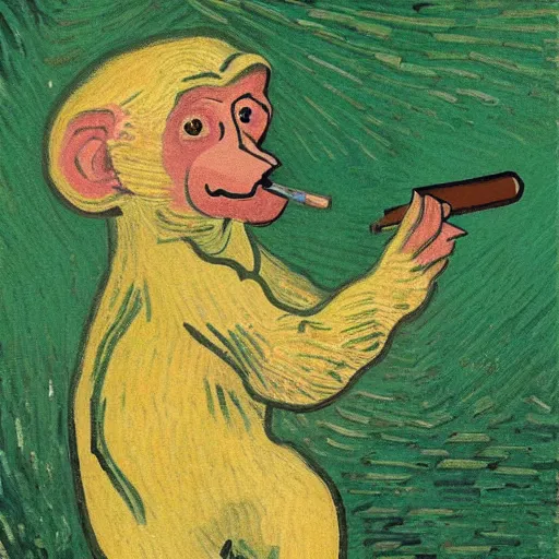 Image similar to rhesus monkey in a lab coat, smoking a cigar, in a green field, van gogh style painting