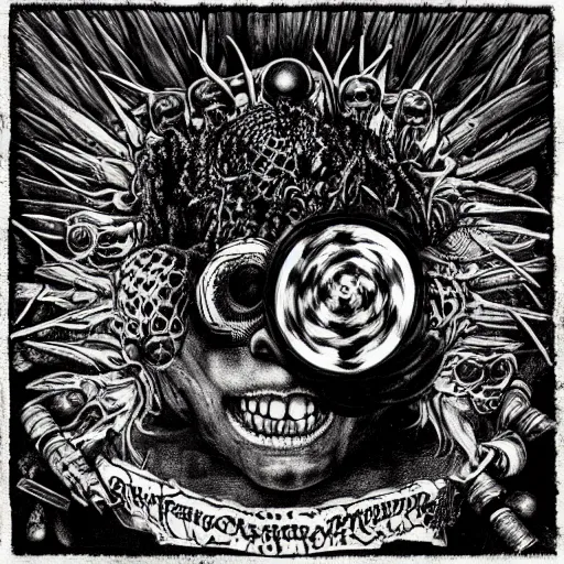 Image similar to punk metal album cover, black and white, psychedelic, giuseppe arcimboldo