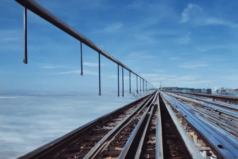 Prompt: shiny metal rails in blue sky, award winning cinematic still