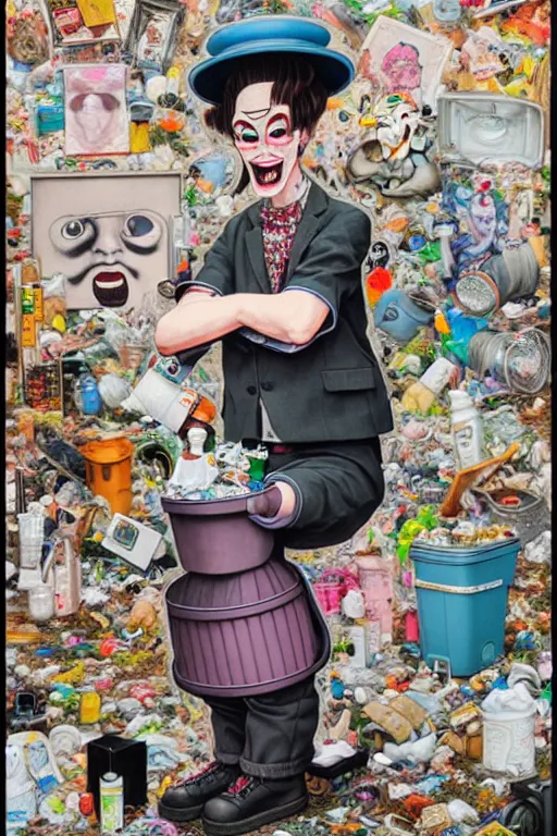 Image similar to full view, from a distance, of anthropomorphic trashcan duchamp, full of trash, style of yoshii chie and hikari shimoda and martine johanna, highly detailed