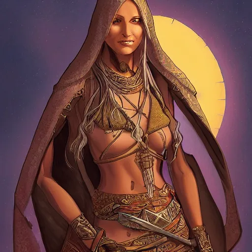 Prompt: Emeth the elven desert bandit. Arabian style. Epic portrait by james gurney and Alfonso mucha (lotr, witcher 3, dnd, dragon age, gladiator, scoia'tael).