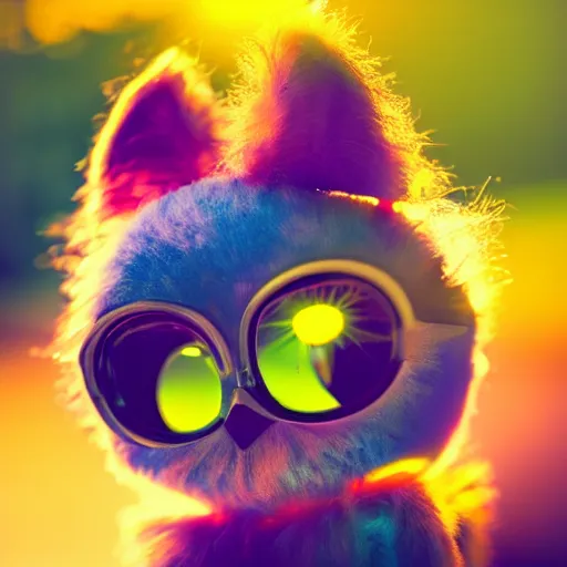 Image similar to a cute colorful furby, photography, golden hour, bokeh, colorful, saturated, cinematic lighting, volumetric light, 8 k