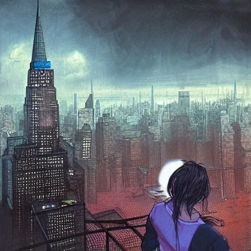 Image similar to “ a girl on a ledge overlooking futuristic new york city, ghostpunk, dark rain clouds, extreme detail, by moebius ”