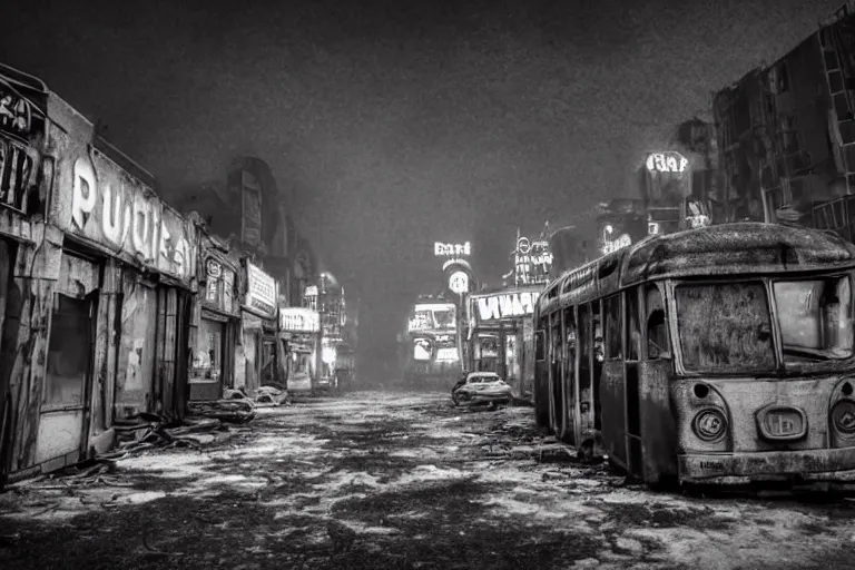 Image similar to low wide angle shot of dilapidated fallout 5, desolate rugged street, dilapidated neon signs, few rusted retro futuristic vintage parked vehicles like cars, ( ( ( buses, trucks, trams ) ) ), volumetric lighting, photorealistic, foggy, early evening, winter, sharp focus, ultra detailed, 4 0 0 0 k