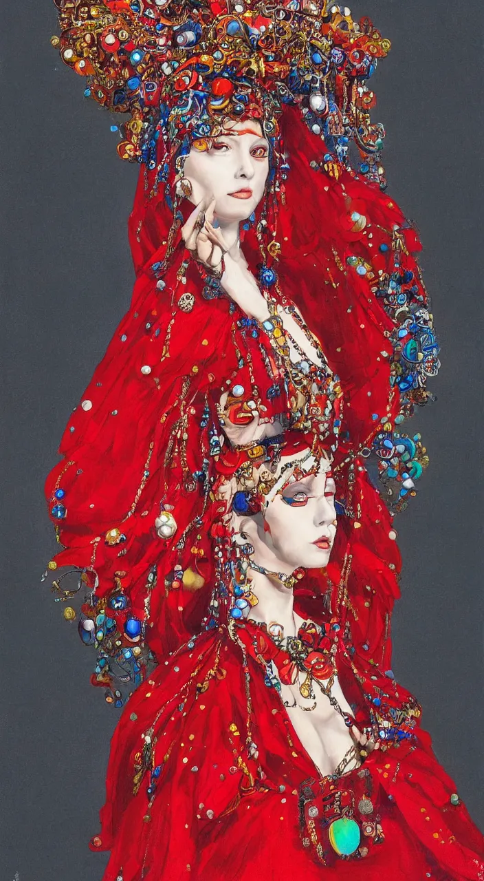 Image similar to a female character design wearing high fashion, beads hanging over her face like an alexander mcqueen headdress, costume by eiko ishioka, haute couture, dior, and a red cape by moebius, steven outram, colourful and psychedelic, hd, 8 k, artstation, high quality, ultra detailed