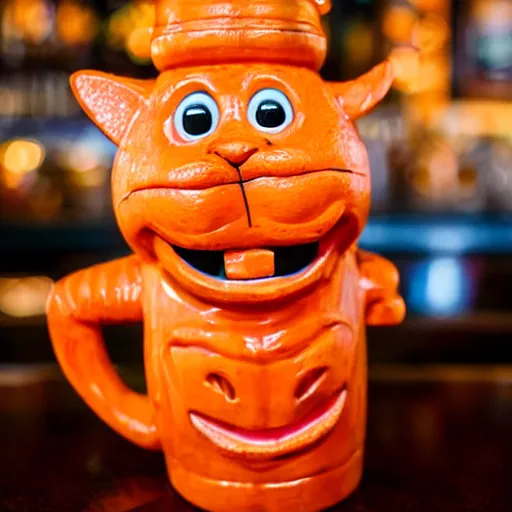 Image similar to a closeup photorealistic photograph of an orange cat garfield style tiki mug sitting at a trader vic's bar featuring garfield's face. tiki party. bright scene. fine detail. this 4 k hd image is trending on artstation, featured on behance, well - rendered, extra crisp, features intricate detail, epic composition and the style of unreal engine.