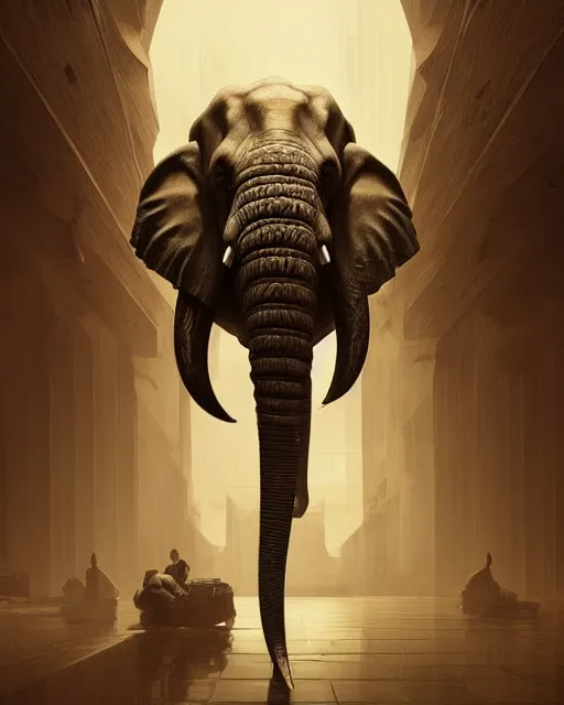 Prompt: elephant cyborg painted by escher volumetric lighting, back lighting, rimlight, dramatic lighting, digital painting, highly detailed, artstation, sharp focus, illustration, Artgerm, Jean-Léon Gérôme , ruan jia