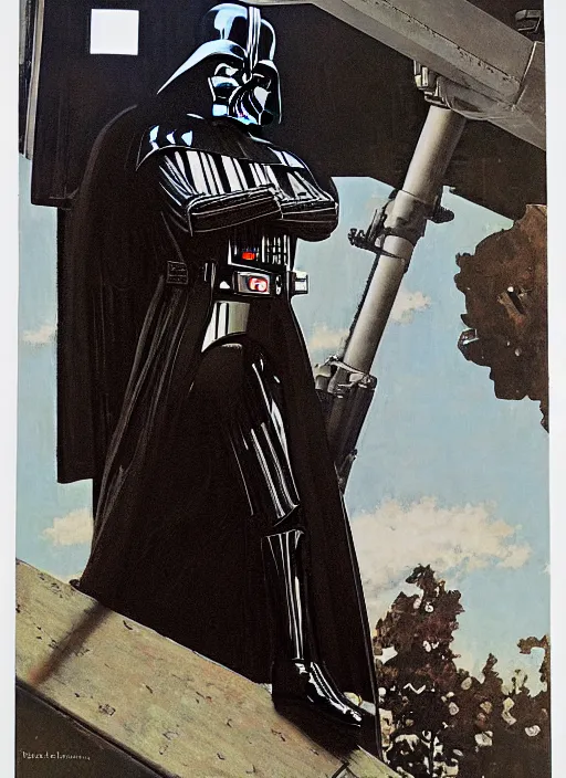 Image similar to a norman rockwell painting of darth vader on an i - beam
