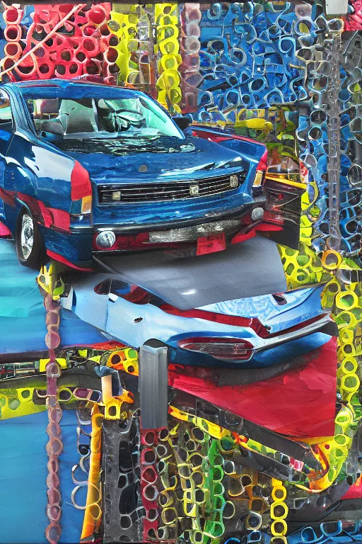 Prompt: car wash, big chain, collage, acrylic on canvas, breathtaking detailed, by mike mcquade