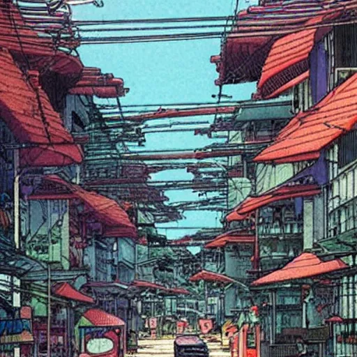 Image similar to a street in singapore, by moebius