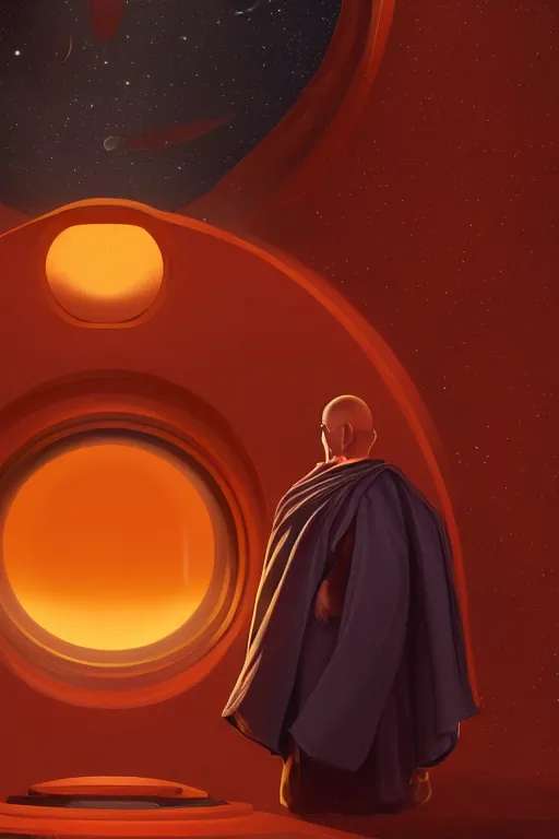 Prompt: portrait of a monk in a spaceship, round window, exploding star, orange robe, dramatic lighting, artstation, matte painting, ralph mcquarrie