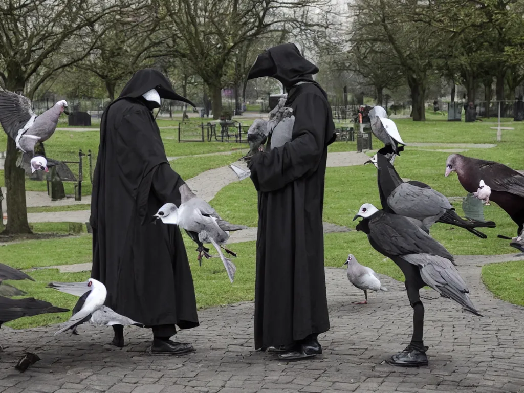 Image similar to plague doctor in a park feeding pigeons