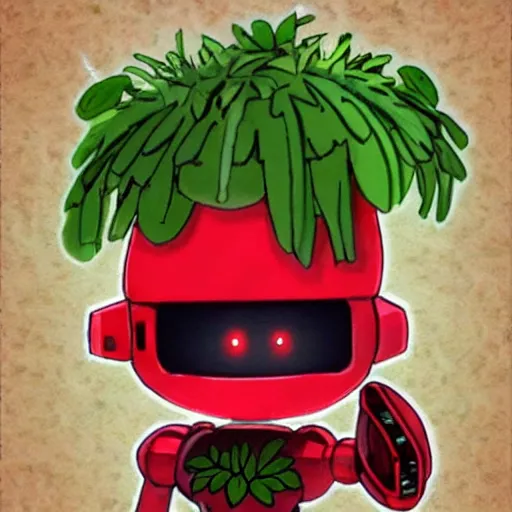 Prompt: cute robot made of plants wearing tomato hat, made in abyss style
