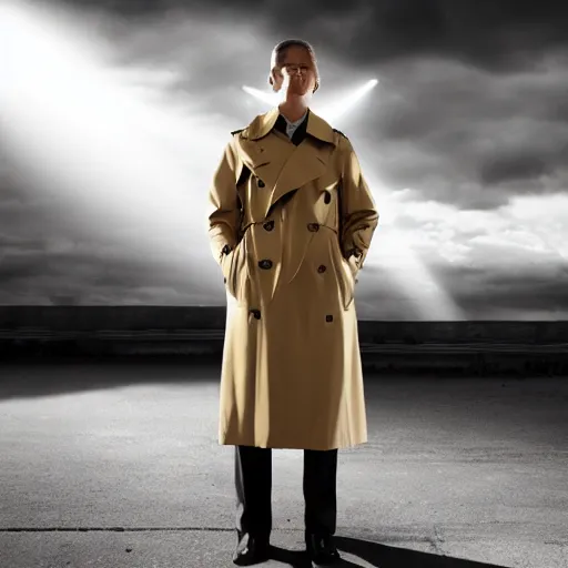 Image similar to trench coat trench coat trenchcoat trench coat trench coat falling clouds. realistic. professional photograph. golden rays. divine. trench coat.