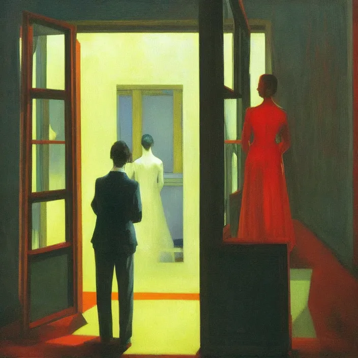 Prompt: people inside flooded museum looking through the window Edward Hopper and James Gilleard, Zdzislaw Beksinski, highly detailed