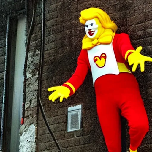 Prompt: ronald mcdonald trying to escape from spiders