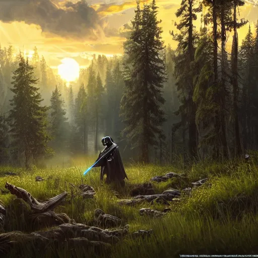 Prompt: sunset breaks through the forest, Dart Vader is fighting Jedis, painting in style of Ivan Shishkin, hypermaximalistic, high details, cinematic, 8k resolution, beautiful detailed, insanely intricate details, artstation trending, octane render, unreal engine,