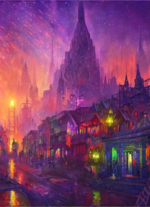 Prompt: ethereal starlit city of magic lost in time at sunset, art station, fauvism, matte painting, felix kelly, johan grenier, hd, digital painting