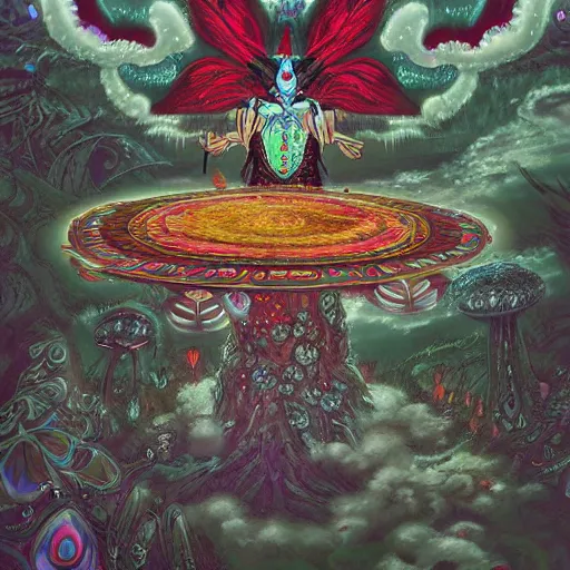 Image similar to 8K Portrait of centered chest up of a psychedelic godlike mothman shaman with moth face and giant mandala wings smoking a hand-rolled cigarette smoking heavily , magic mushroom village in background , post-processing , award winning. superb resolution. in the art style of junji Ito and greg rutkowski . Detailed Mushroom city in background. Hyper realistic anime. Perfect art. Dalle2