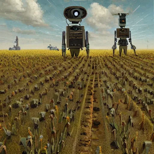 Image similar to Two robot farmers working in the field, by Andrea Kowch