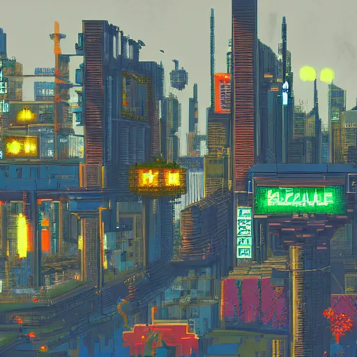 Prompt: a cyberpunk city, pixel art, by Kirokaze