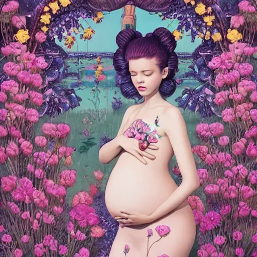 Prompt: pretty pregnant model with flowers : : by martine johanna and simon stalenhag and chie yoshii and casey weldon and wlop : : ornate, dynamic, particulate, rich colors, intricate, elegant, highly detailed, vogue, harper's bazaar art, fashion magazine, smooth, sharp focus, 8 k, octane render