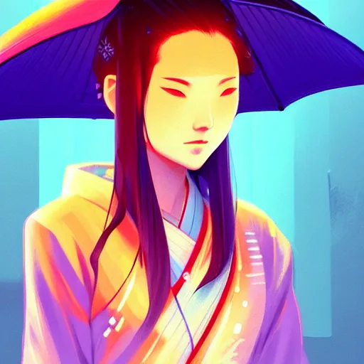 Image similar to Beautiful female samurai, with straw hat, rainy night, neon glow concept art, sharp focus, intricate, digital painting, artstation, official media, anime key visual, highly detailed, rich vivid colors ambient lighting, illustration, art by Artgerm, Makoto Shinkai, Ilya Kuvshinov, Lois Van Baarle and Rossdraws