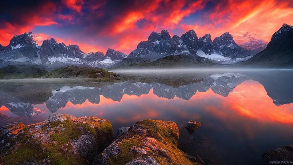 Image similar to amazing landscape photo of mountains with lake in sunset by marc adamus, beautiful dramatic lighting