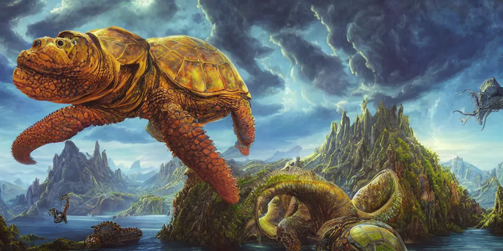 Image similar to fantasy oil painting, great leviathan, cybernetic turtle cephalopod terrapin reptilian pachyderm squid, bella hadid, hybrid, milla jovovich, anubis, epic natural light, lush plants flowers, spectacular mountains, bright clouds, luminous sky, outer worlds, golden hour, michael cheval, edward hopper, michael whelan, vray, hd