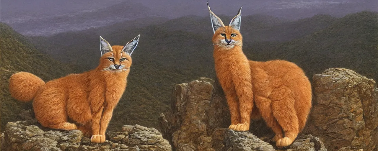 Image similar to a cute fluffy caracal on a high hill landscape with a circle of four large stones like fingers on the top, by ted nasmith