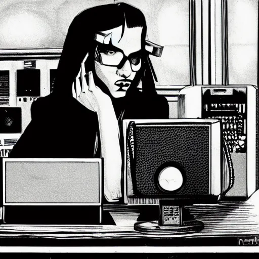 Image similar to a goth computer nerd sitting in front of computer screen, by mike deodato, small details, aesthetic,