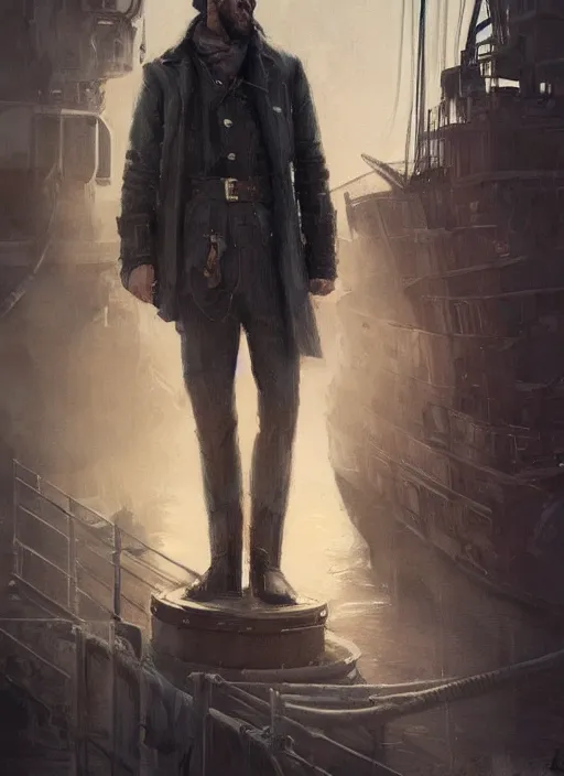 Prompt: portrait of a rugged man wearing a trenchcoat standing on the deck of a ship, victorian, concept art, detailed face, fantasy, highly detailed, cinematic lighting, digital art painting by greg rutkowski