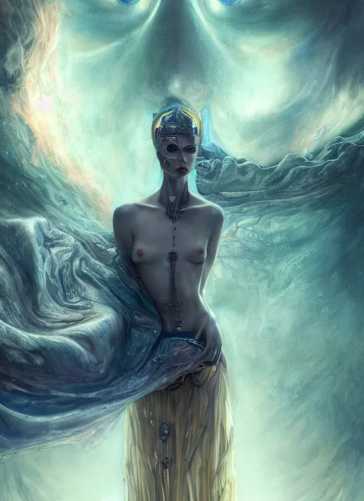 Image similar to epic portrait of menacing and anxious yet stunningly beautiful biomechanical djinn overseeing the iridescent fabric of the universe, by charlie bowater, mandy jurgens, gustav klimt, octane render, dramatic camera angle, 4k, 8k, high detail, HDR, by tom bagshaw, powerful, with inspiration from Beksinski