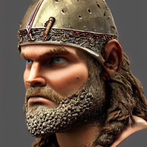 Image similar to of a 3d clay model of a viking from valhalla, wearing the horned helmet ultra fine detail, hair strands, ultra high resolution, fine texture detail, miniature painting techniques, perfect proportions, marvel cinematic universe, eric bana