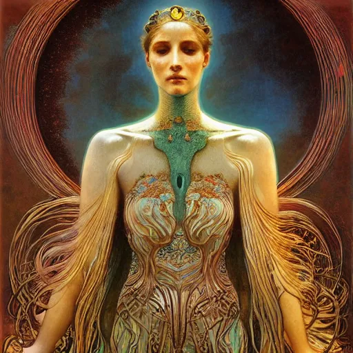 Image similar to queen of jupiter by zdzisław beksinski and alphonse mucha. highly detailed, hyper - real, beautiful