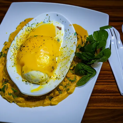 Image similar to aji de gallina, garnished with half eggs, served over boiled sliced potatoes on top of a bed of lettuce, michelin star restaurant, award winning photo, food photography, 4 k