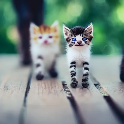 Image similar to macro photograph of tiny kittens walking on a wood table