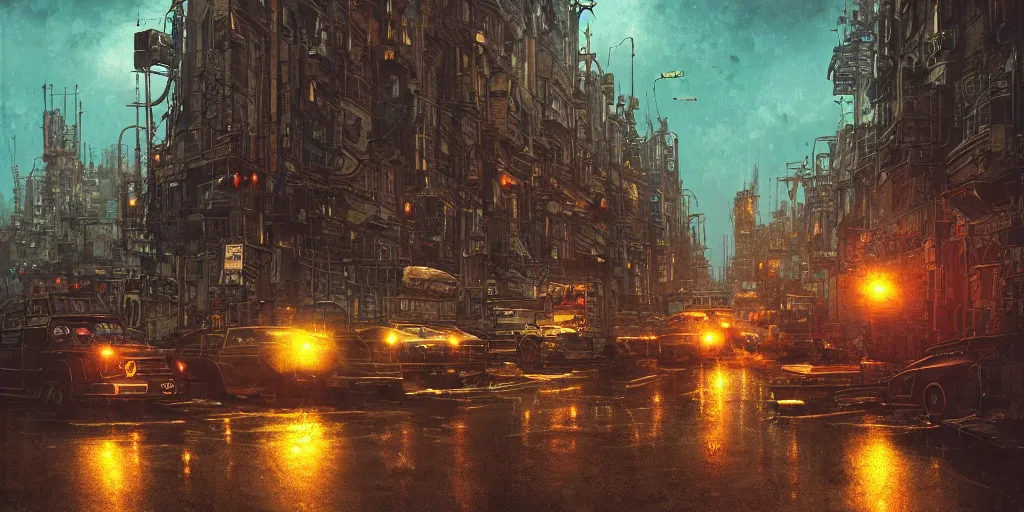 Prompt: ”a diesel punk city vista, dusk, raining, city lights, reflections, glares, perspective sky, HD, 8k, cinematic, ornate, dramatic, in the style of Katsuhiro Otomo, Ian mcque”