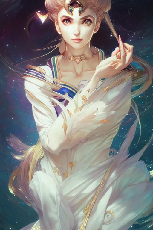 Image similar to Sailor Moon, fantasy, intricate, elegant, highly detailed, digital painting, artstation, concept art, matte, sharp focus, illustration, art by Artgerm and Greg Rutkowski and Alphonse Mucha