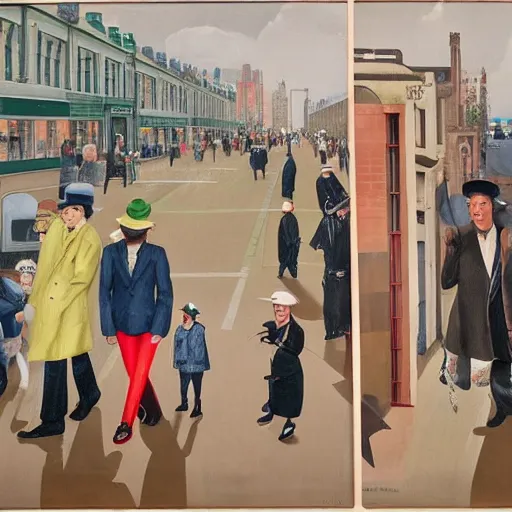 Image similar to oil painting of mornington crescent, rain in the southeast, men wearing bowler hats, kids with spats on their shoes, ladies with chauffeurs, dogs wearing hats and jackets, rich apartments, old punk posters, tartan garments, by neo rauch, by peter blake