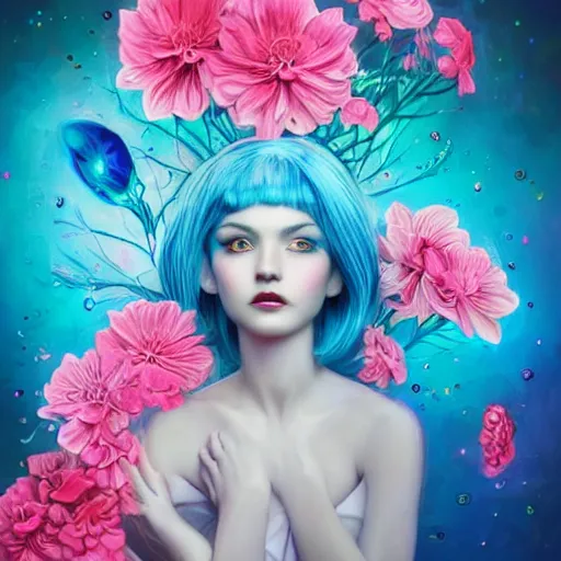 Image similar to intelligent young women with blue hair looking at the camera, she has a beautiful unconventional face, she is surrounded by an explosion of flowers in neon pink and blue intricate, elegant, highly detailed, digital painting, artstation, concept art, pop, smooth, sharp focus, illustration, art by mark ryden 3 d 8 k ultra detailed