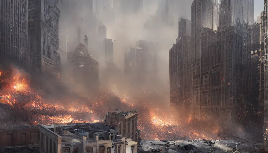 Image similar to Movie scene of people watching buildings collapsing in Chicago, lot of dust and fire, hyperdetailed, artstation, cgsociety, 8k