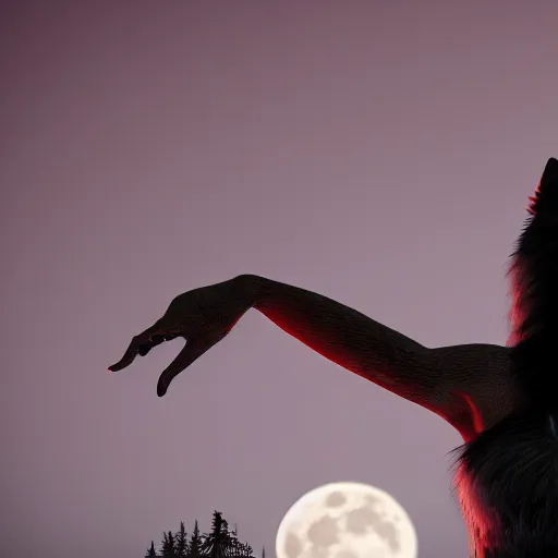 Image similar to female werewolf at night with black realistic fur, under the moon, ultra detail, unreal engine, 8 k